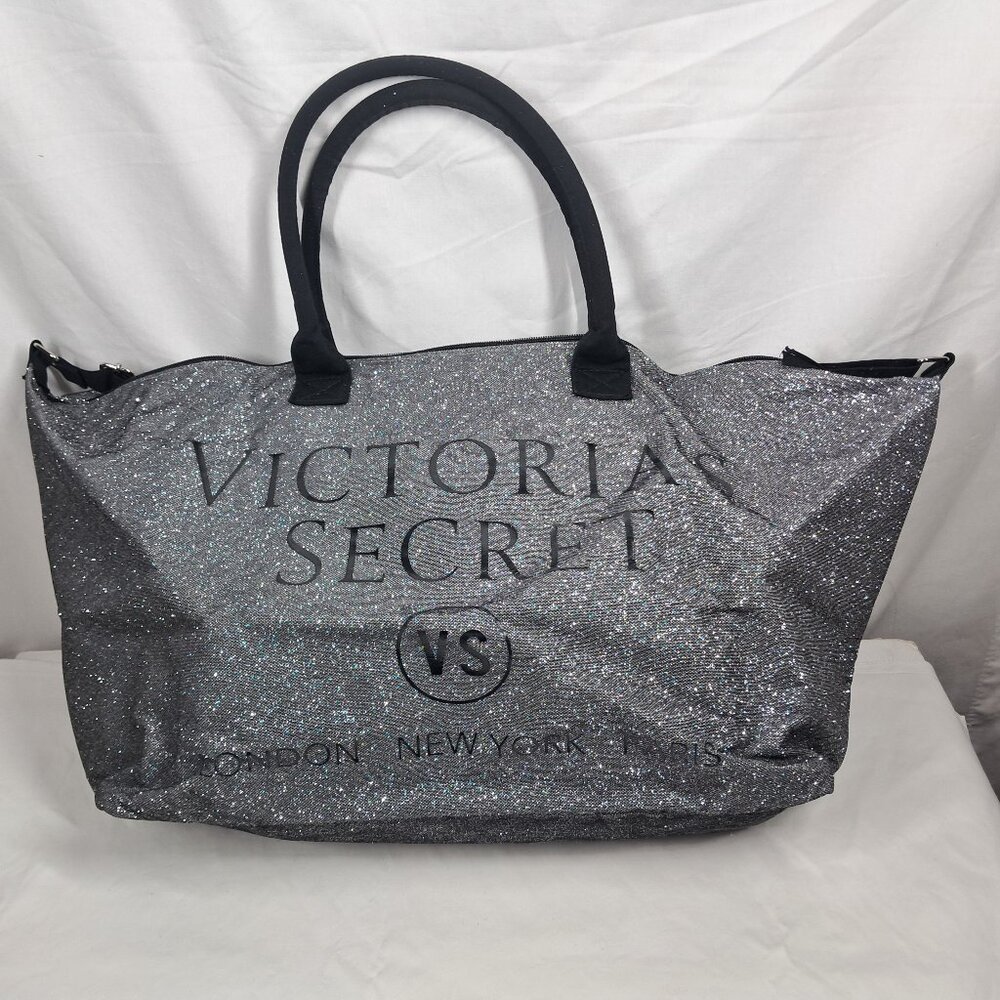 Victoria's Secret Glitter Silver Black "London,New York,Paris" Duffle Weekender